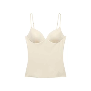 Sleeveless beige camisole for women featuring a V-neckline and integrated padded bra cups