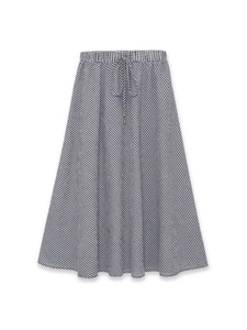Detail of black and white gingham midi skirt with elastic drawstring waist and metal beads