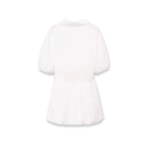 Minimalist white V-neck poplin mini dress with puff sleeves and cinched waist detail