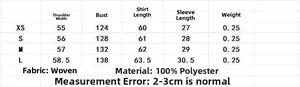Detailed size chart for women woven shirt with measurements for XS to L sizes