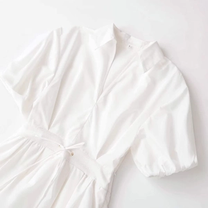 Minimalist white V-neck poplin mini dress with puff sleeves and elastic drawstring waist