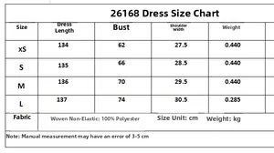 Detailed size guide table for sleeveless midi dress showing length, bust, and fabric data