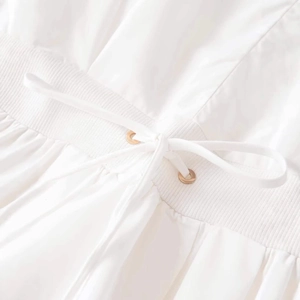 Minimalist white V-neck poplin mini dress with adjustable drawstring waist and metal eyelets