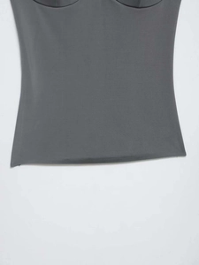 Detailed close-up of dark grey seamless slim-fit tank top with built-in chest pads