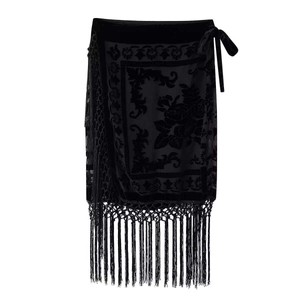 Damen Vintage Schwarz Ausbrenner-Samt Blumen Wickel-Midi-Rock Mit Quasten Böhmisch Rose Muster Bindegürtel Eleganter Rock
