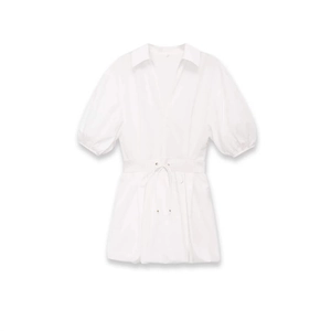 Minimalist white V-neck poplin mini dress with puff sleeves and adjustable drawstring waist