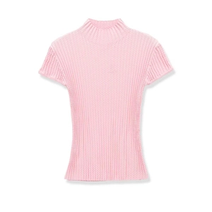 Top da Donna Elegante in Maglia a Lupetto Manica Corta Testurizzato Tinta Unita Rosa Slim Fit Pullover per Ufficio Quotidiano