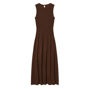 Elegant coffee brown sleeveless smocked midi dress with asymmetrical waistline