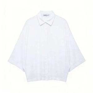 Women's white casual short-sleeve button-up shirt with lapel collar and cotton texture