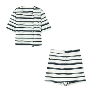 Damen Gestreift Polyester Casual Top Und Bottom Zweireiher Kurzarm Cardigan Hohe Taille Shorts Nautischer Stil Set