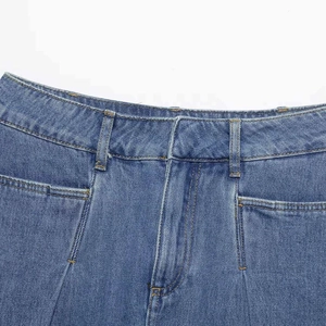 Mid-blue denim mini skirt with pleated texture and detailed waist stitching for women