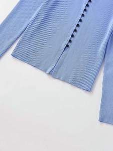 Detail of light blue ribbed knit sweater showing fine texture and black button closure