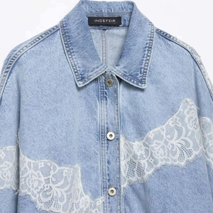 Fashionable light blue denim jacket for women featuring elegant white lace stitching details