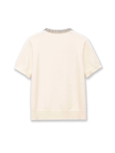 Back view of cream short-sleeve knit cardigan with rhinestone embellished collar