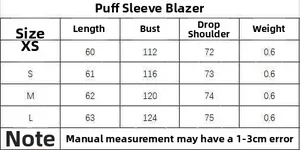 Size chart table for puff sleeve blazer showing measurements for XS to L sizes