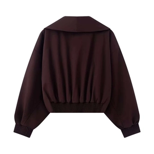 Detail view of deep brown short jacket back featuring a wide retro sailor collar design