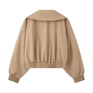 Flat lay back view of beige short jacket featuring wide lapels and pleated elastic hem