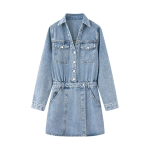 Women's Casual Denim Style Midi Dress Vintage V-Neck Slim Fit Elastic Waist Long Sleeve Washed Polyester Shirt Dress
