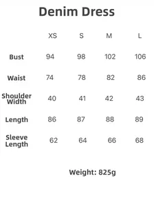 Size chart for V-neck denim dress showing measurements for XS S M L sizes and weight