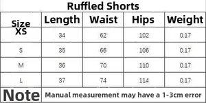 Detailed size chart for lace shorts showing XS to L measurements in centimeters