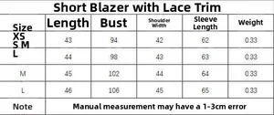 Size guide table for lace trim cropped blazer with chest and length measurements in cm