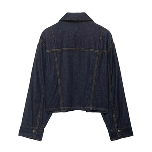 Deep blue denim jacket with contrast stitching and turn-down collar, rear view in solid color