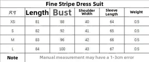 Detailed size guide table for women's pinstripe blazer dress showing XS to L measurements