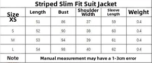 Size chart for slim fit striped blazer including length, bust, shoulder, and sleeve details