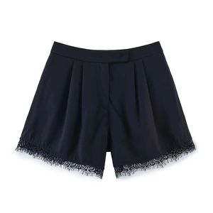 Women's black high-waisted tailored shorts with elegant lace trim hem detailing
