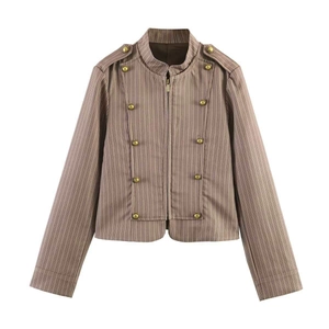Women's military-style tan striped jacket with gold buttons and a stand collar