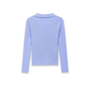 Slim-fit lilac ribbed polo neck knit top with long sleeves on a clean white background