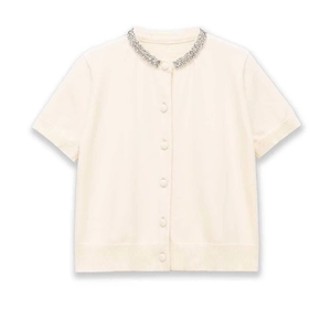 Women Elegant Rhinestone Round Neck Short Sleeve Knitted Cardigan Cream White Soft Button Front Knitwear Sweater Top