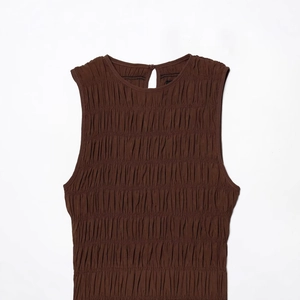 Elegant dark brown sleeveless midi dress featuring high elasticity vertical smocking textures