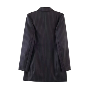 Chic dark gray pinstripe long-sleeve blazer dress shown from the back view