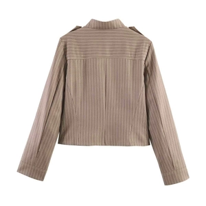 Detailed back view of tan striped slim blazer featuring shoulder epaulettes and a stand collar