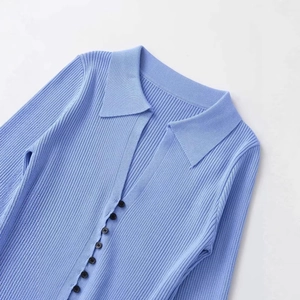Slim fit light blue ribbed knit polo top with long sleeves and black buttons