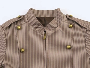 Detail of pinstriped jacket featuring military-style epaulettes and gold buttons