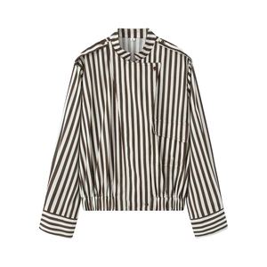 Veste Bomber Décontractée pour Femmes à Rayures Marron Blanc Manches Longues Col Montant Coupe Ample Veste Chemise Printemps