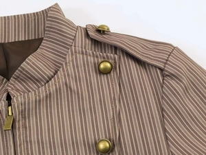 Detail of striped blazer showing vintage bronze buttons and metallic zipper textures