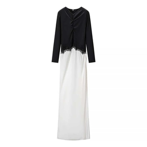 Women Elegant Contrast Color Black And White Lace Stitching Long Sleeve V-Neck Maxi Dress Slim Fit Evening Party Dress