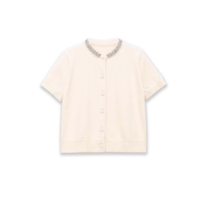 Elegant cream short sleeve knit cardigan with rhinestone collar and round buttons