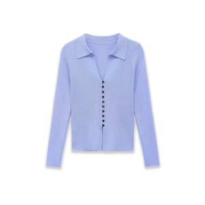 Women's light purple ribbed knit cardigan sweater with lapel collar and buttons