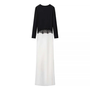 Elegant black and white long sleeve maxi dress with waist lace detail and floor length