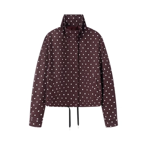 Deep burgundy polka dot light jacket with high collar and adjustable drawstring hem