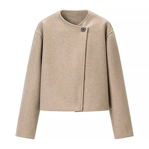 Women Casual Short Woolen Jacket Khaki Round Neck Single Button Loose Fashion Outerwear Coat