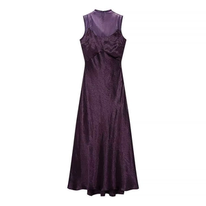 Women Elegant Mesh Splicing Sleeveless Maxi Dress Slim Fit Stand Collar Purple Satin Look Evening Party Formal Gown