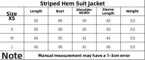 Detailed size chart for striped V-neck blazer including length, bust, and sleeve measurements