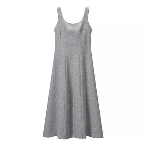 Elegant dark grey sleeveless A-line midi dress with a round neck and tailored waistline