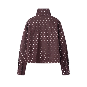 Detailed flat lay of long sleeve polka dot jacket with stand collar in dark brown