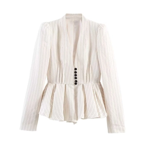 Women Elegant Pinstripe Waist Cinched Blazer V Neck Long Sleeve Peplum Suit Jacket Professional Office Commute Outerwear